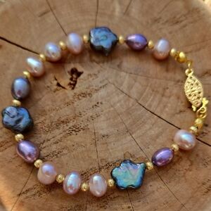 Freshwater Pearl Flower Black, Tahitian, Blush Violet purple Luster Bracelet New